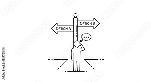 Person contemplating two different path options at a crossroads sign.