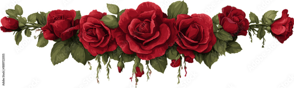 Fototapeta premium A long arrangement of red roses with leaves, in clip art style.