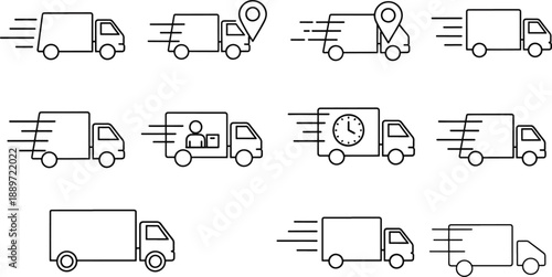 Set of delivery truck icons showing fast shipping and logistics