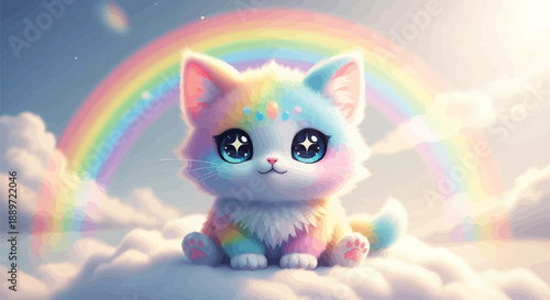 Adorable fluffy kitten with sparkling eyes sits gently upon soft clouds beneath a magnificent, vibrant, pastel rainbow in a bright sky