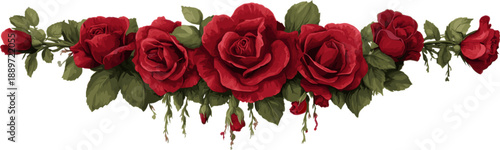 A long arrangement of red roses with leaves, in clip art style.