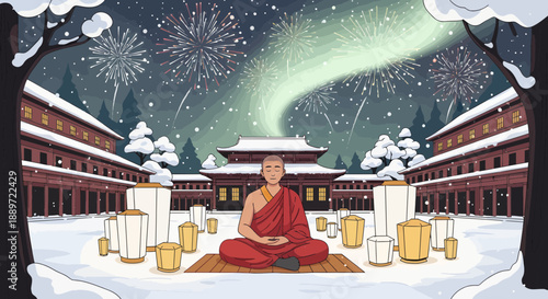 Serene Buddhist monk meditating in snowy courtyard at night