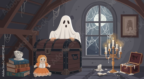 Spooky attic scene with ghost and old furniture