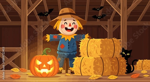 Smiling Scarecrow with Pumpkin and Hay Bales in Barn