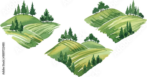 Watercolor illustration set featuring rolling green hills and various stylized evergreen trees atop isolated agricultural landscapes perfect for nature themes.