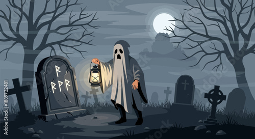 Spooky ghost in a graveyard at night with a lantern