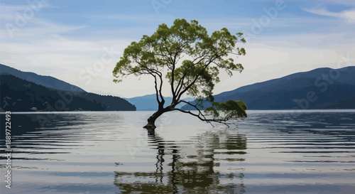 Iconic single tree growing in the calm water of a vast lake with forested mountains defining the scenic background horizon