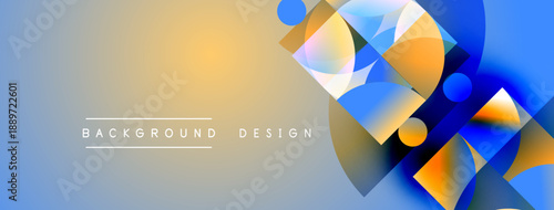 Abstract geometric shapes blend vibrant blues, oranges, grays. Gradient background creates modern visual impact. Text reads background design.