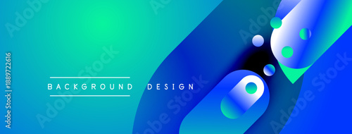 Abstract gradient background features vibrant blue, turquoise hues. Spheres overlap creating dynamic visual effect. Text reads background design.