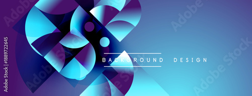 Abstract geometric shapes create vibrant blue, purple gradients. Modern design suggests movement, energy, depth. Background features text elements.