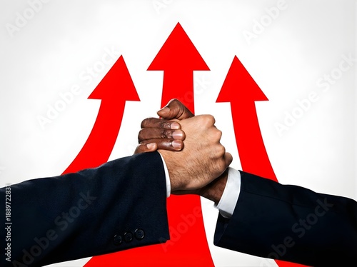 Diverse Hands Clasped with Red Upward Arrows Symbolizing Growth Success Unity Business Progress