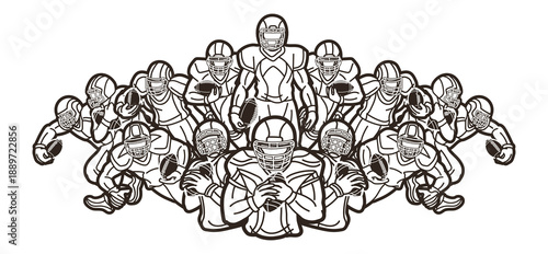 Outline Group of American Football Sport Players Mix Action Cartoon Graphic Vector