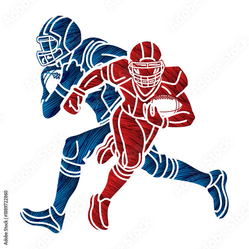 American Football Sport Players Mix Action Cartoon Graphic Vector