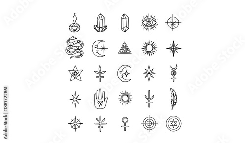 Boho Mystic Doodle Line Icons with Snake Crystal Eye Sun and Moon Symbols