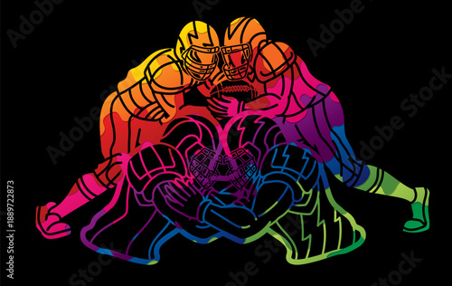 Graffiti American Football Sport Players Mix Action Cartoon Graphic Vector