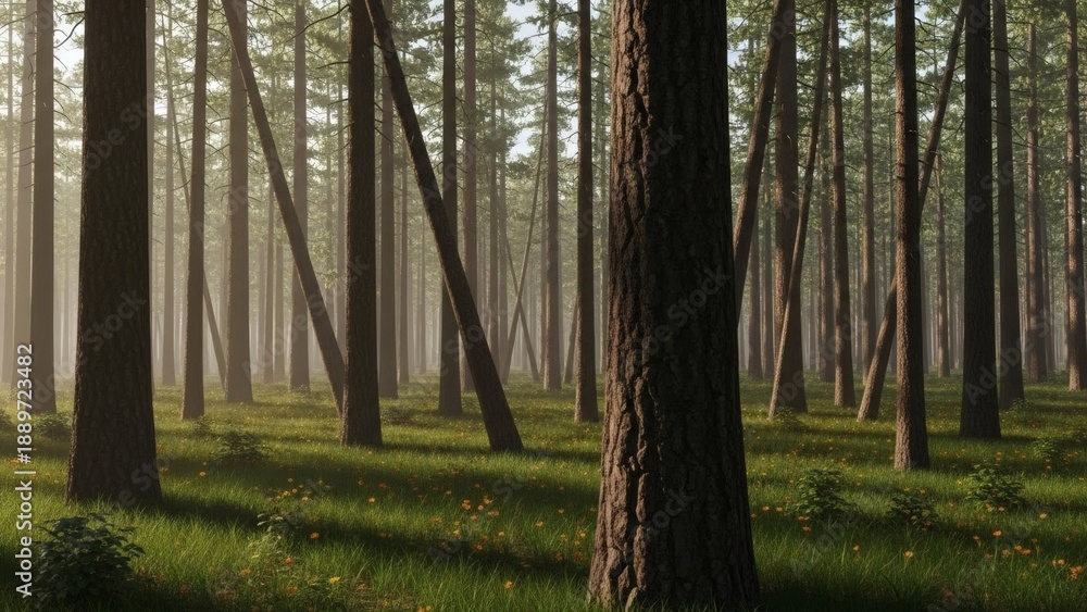 Obraz premium Sunlight filters through a serene, misty forest with tall trees and lush green grass.