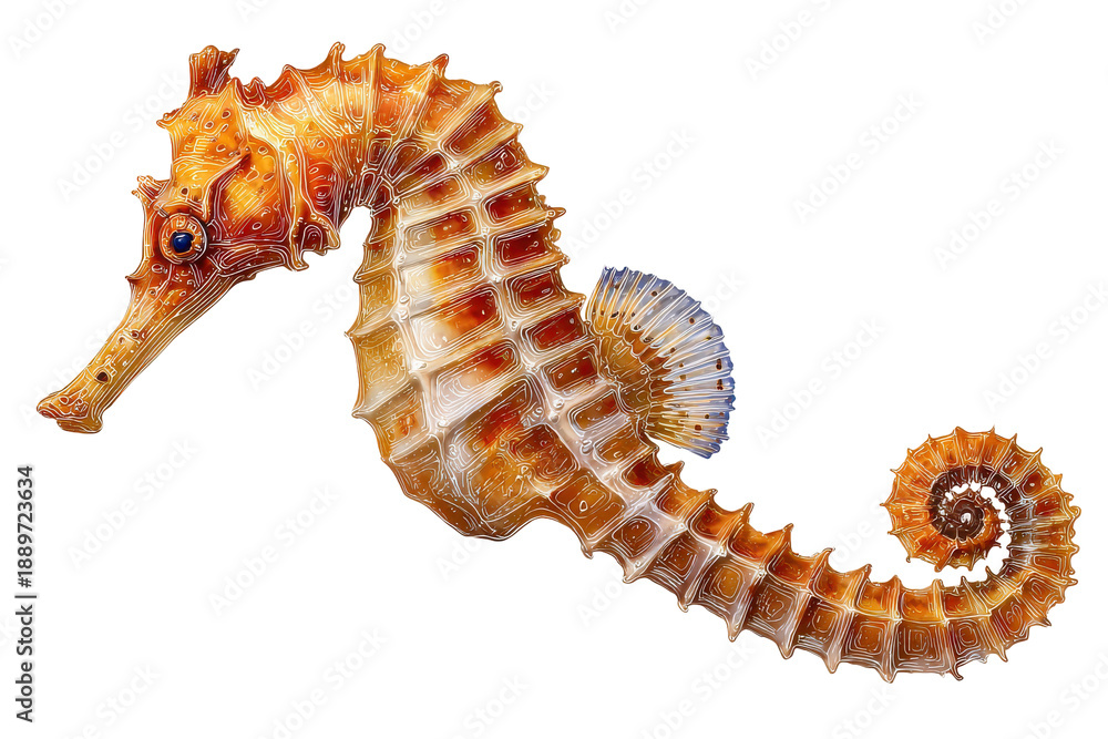 Obraz premium Orange and white seahorse swimming isolated on transparent background. Orange seahorse with detailed segmented body and tail isolated on white background.