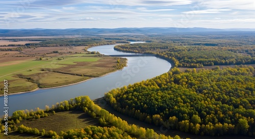 Wallpaper Mural Aerial view of winding river through green and yellow autumn forest and agricultural fields Torontodigital.ca
