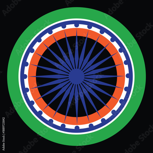 Circular emblem with green, white, orange, and blue concentric rings, featuring a central blue Ashoka Chakra with spokes, set against a black background.