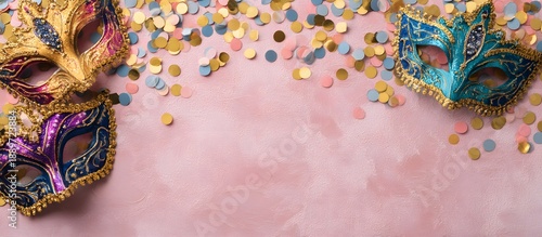 Pink background with carnival masks and confetti, copy space
