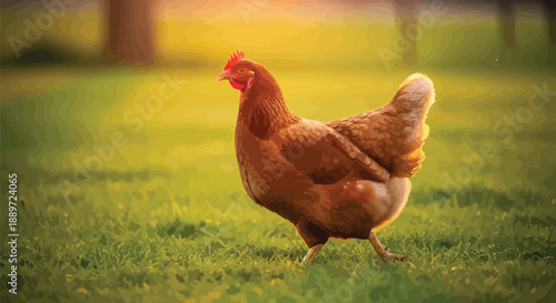 Beautiful brown hen walking across a vibrant green grassy field bathed in the warm glow of the setting sun