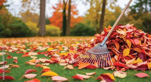 Raking a large pile of vibrantly colored autumn leaves on a bright green lawn during the fall season