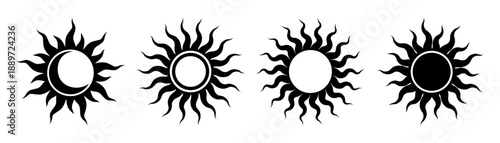 Tribal sun and moon symbol. Tattoo design. Star graphic geometric shape. Mystic black sun icon. Traditional ethnic art design element. Vector illustration isolated on white background.