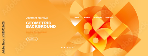 Abstract orange background features geometric shapes, text elements, navigation menu. Modern design suitable for website header or banner.