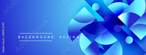 Abstract blue design features overlapping shapes, gradients, bright colors. Modern aesthetic suitable for backgrounds, presentations.