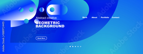 Blue website header design. Geometric shapes, text elements, navigation menu present. Modern style, clean layout.