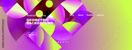 Vibrant abstract design features geometric shapes, gradients. Website header includes navigation options, button. Modern, colorful presentation.