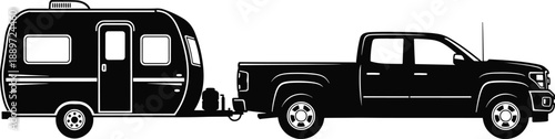 Pickup truck towing a travel trailer, representing adventure and road trips