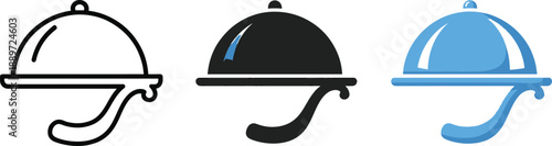Food cloche serving tray icon set in outline, solid, and color styles