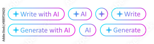 AI star button. Write, generate with AI stamp. Artificial intelligence symbol. Gradient blue purple digital AI robot sign. Magic star smart assistant. Vector illustration isolated on white background.