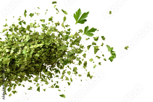 Pile of dried parsley flakes and leaves isolated on transparent background. Dried parsley herb pieces isolated on white background.