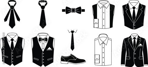Business men formal attire fashion accessories vector icons set