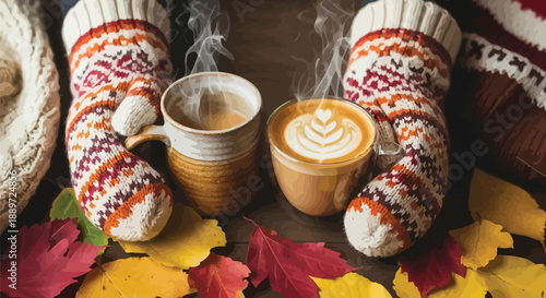 Cozy autumn scene featuring two steaming hot mugs of coffee and milky beverages nestled between warmly dressed hands resting on fall leaves