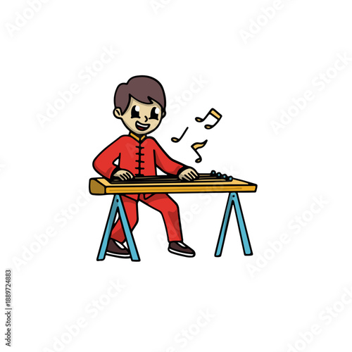 Cartoon boy playing guzheng