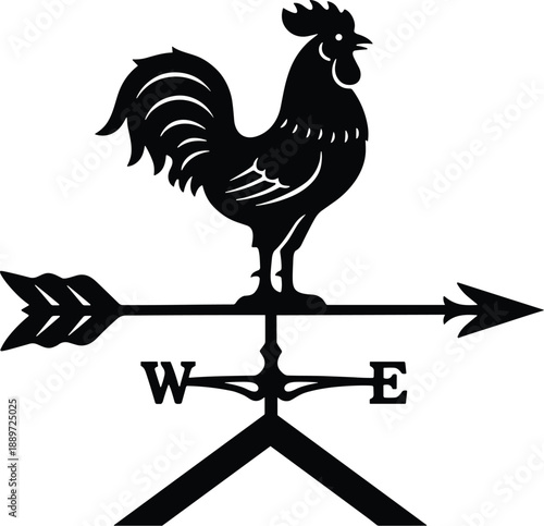 Minimal vector silhouette of a rooster weathervane with directional arrows (W, E) and an arrow pointing forward, solid black, isolated on a white background.