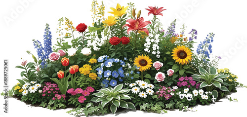 Vibrant and lush assortment of various colorful garden flowers creates a beautiful blooming border design ideal for spring projects.