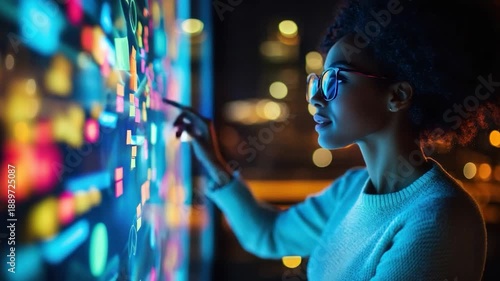 A woman wearing glasses interacts with a colorful, illuminated wall, likely a tech interface