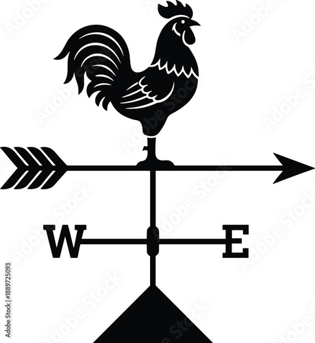 Minimal vector silhouette of a rooster weathervane with directional arrows (W, E) and an arrow pointing forward, solid black, isolated on a white background.
