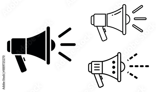 Graphic megaphone icons set featuring different styles depicting sound and announcements for communication and marketing purposes