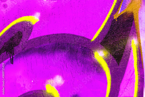 Close-up of purple yellow graffiti art on textured wall. Urban street art style, 2000s vibe, fluorescent glow, abstract spray paint. Posters, digital art, creative banner, summer visuals