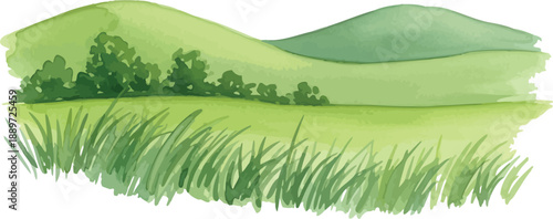 Watercolor painting depicts rolling green hills and lush foreground grass creating a beautiful natural landscape illustration suitable for spring themes