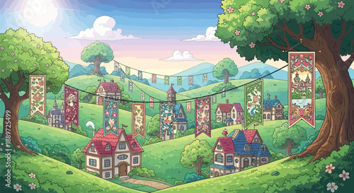 Charming pastoral village scene decorated with colorful festive banners strung between blooming trees under a bright sunny sky