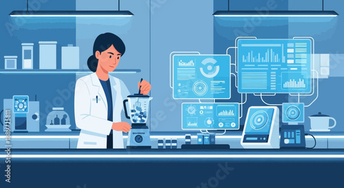 Female scientist analyzing data on computer screens