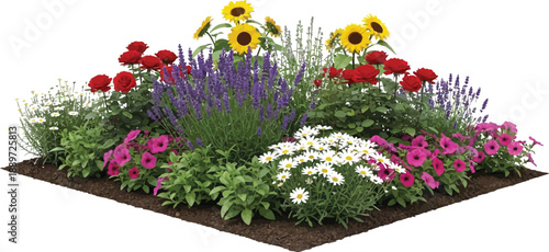 Vibrant mixed flower bed arrangement featuring bright sunflowers red roses purple lavender white daisies and pink petunias isolated on white