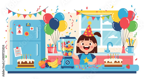 Happy birthday girl in kitchen with cake and balloons