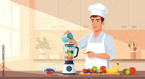 Happy Chef Preparing Fruit Smoothie in Kitchen